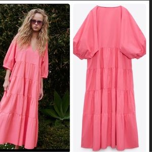 Zara tTiered Poplin Dress.Pink. Medium